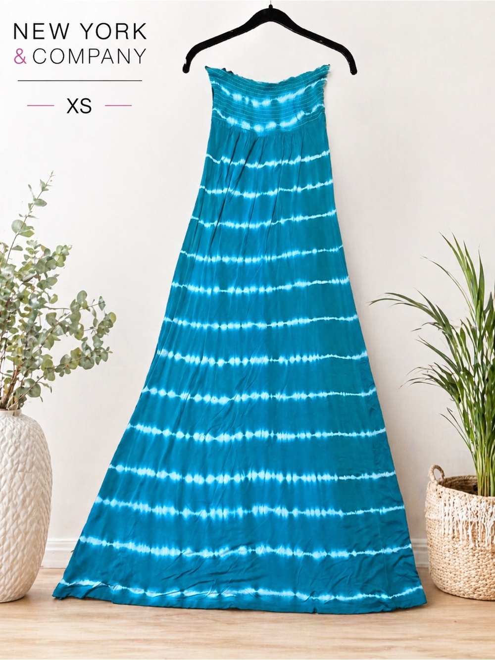New York & Company Strapless Maxi Dress Teal Tie Dye XS Summer Beach